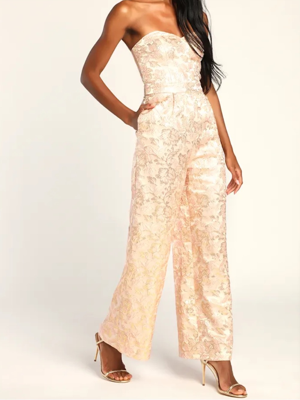 Lulu's Strapless Floral Jacquard Wide-Leg Jumpsuit in Blush